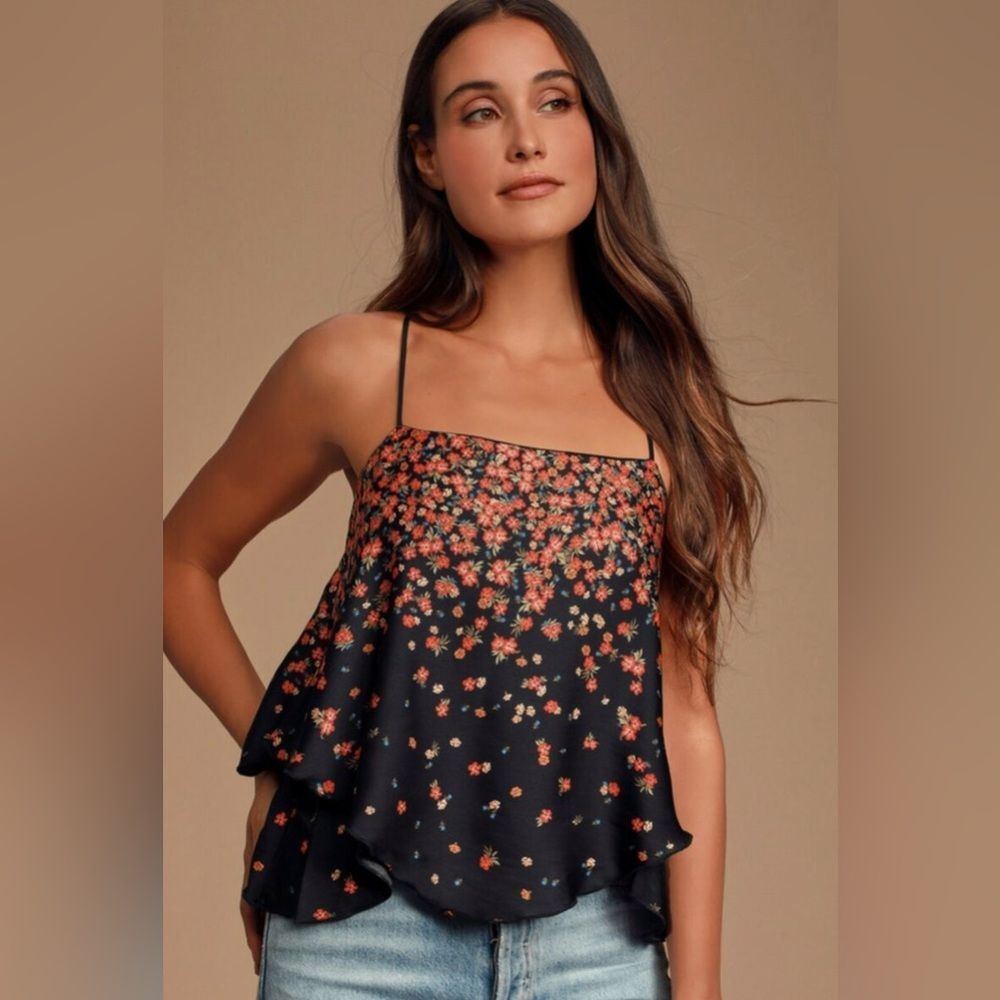 Free People Let Me Love Black Silky Floral Cami Top size XS